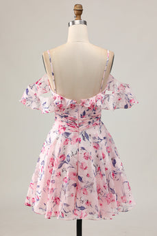 Floral Pink Ruched Chiffon Short Homecoming Dress with Ruffles