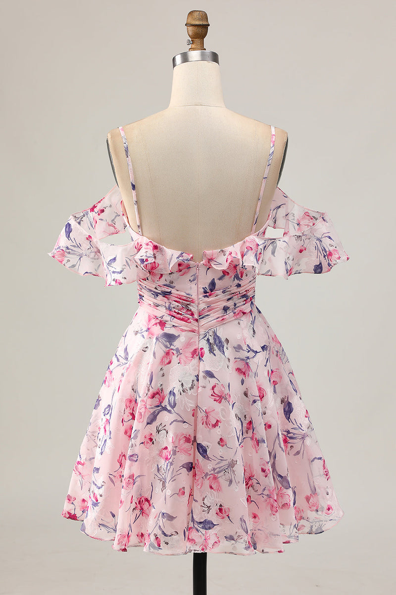 Load image into Gallery viewer, Floral Pink Ruched Chiffon Short Homecoming Dress with Ruffles