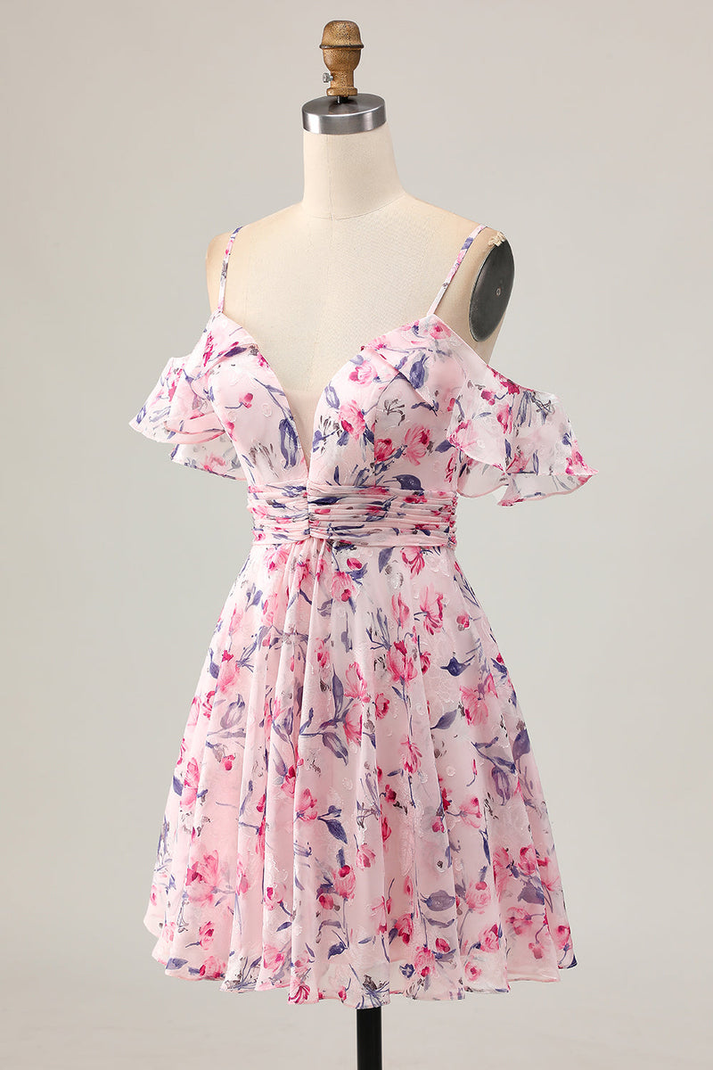 Load image into Gallery viewer, Floral Pink Ruched Chiffon Short Homecoming Dress with Ruffles