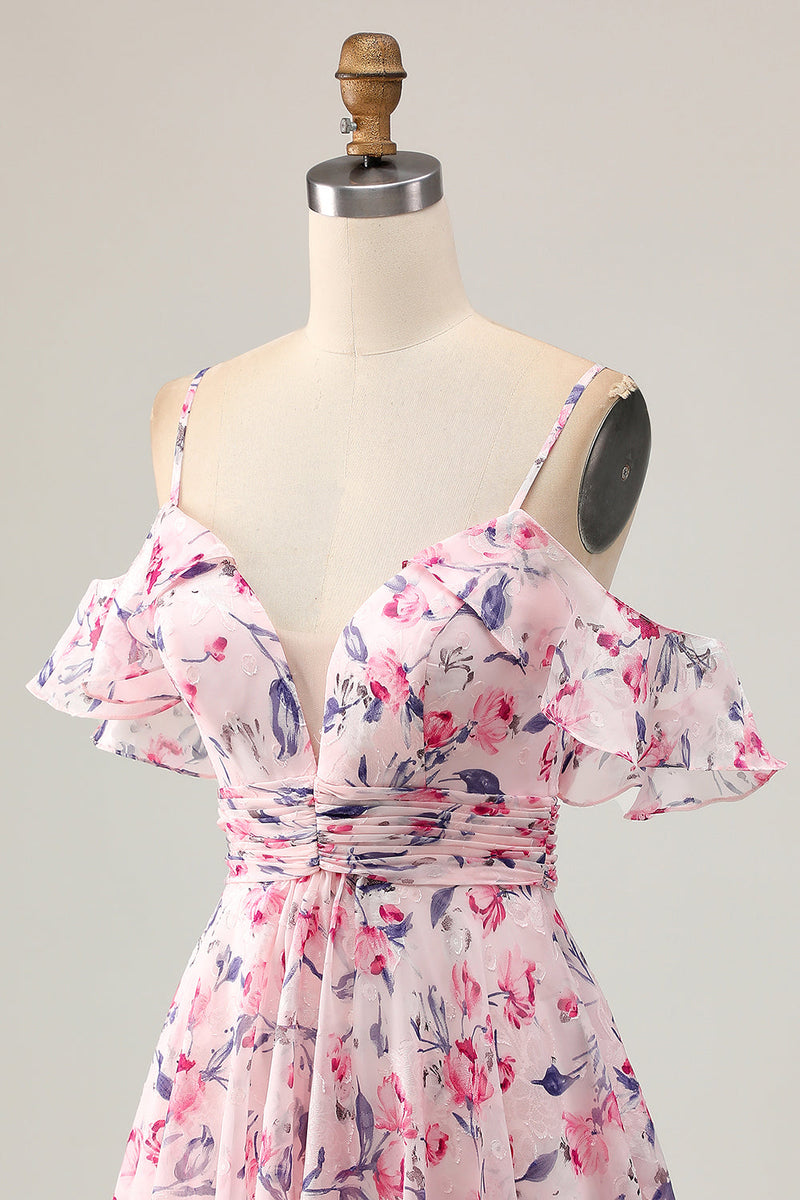 Load image into Gallery viewer, Floral Pink Ruched Chiffon Short Homecoming Dress with Ruffles
