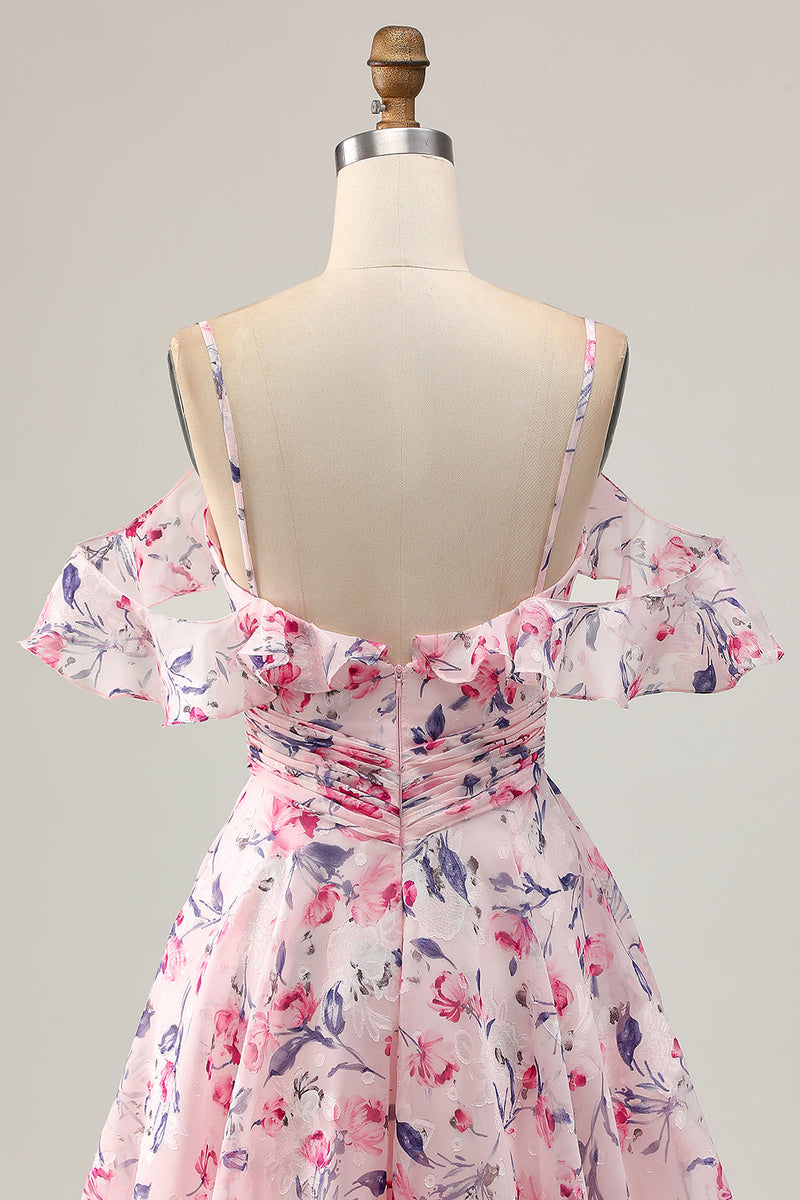 Load image into Gallery viewer, Floral Pink Ruched Chiffon Short Homecoming Dress with Ruffles