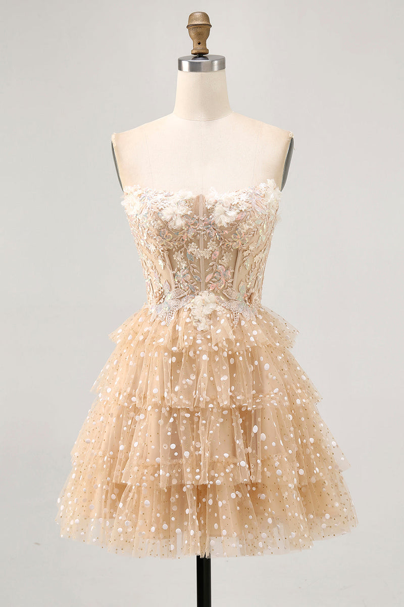 Load image into Gallery viewer, Sparkly Champagne Floral Polka Dots Corset Short Homecoming Dress
