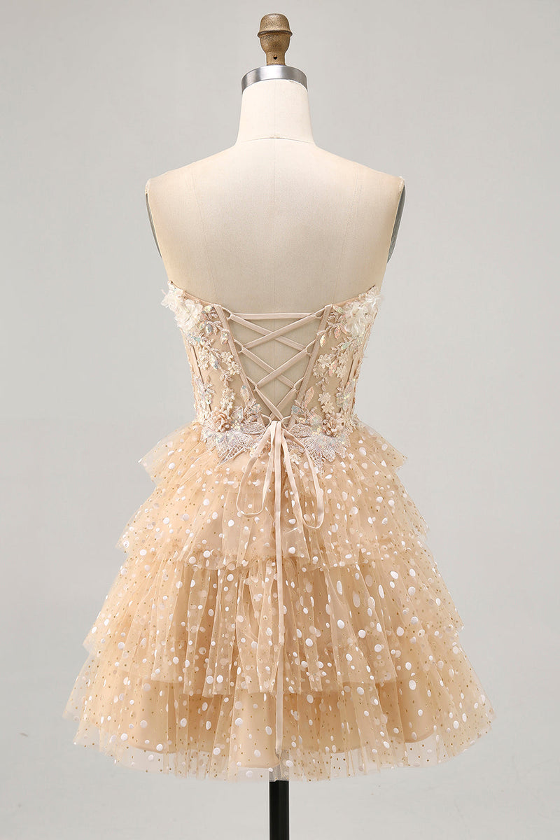 Load image into Gallery viewer, Sparkly Champagne Floral Polka Dots Corset Short Homecoming Dress