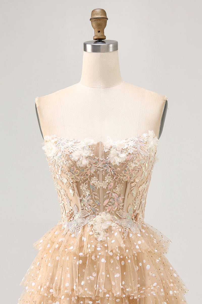Load image into Gallery viewer, Sparkly Champagne Floral Polka Dots Corset Short Homecoming Dress