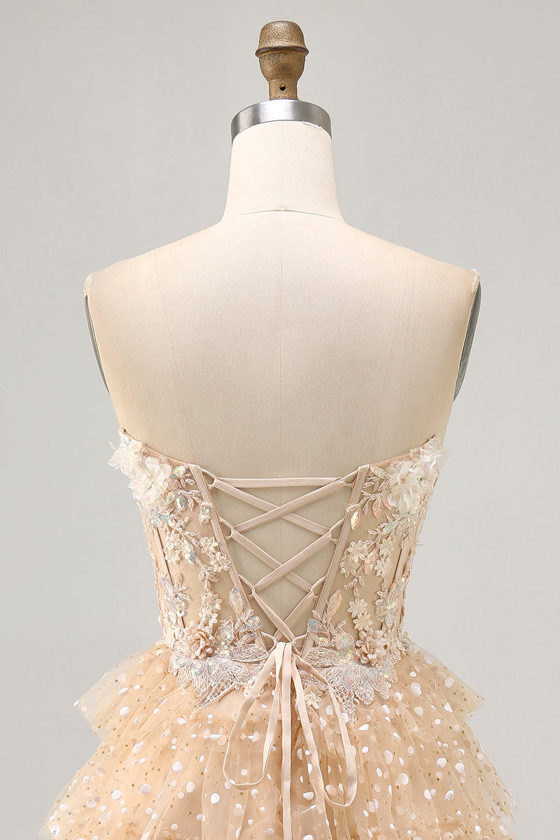 Load image into Gallery viewer, Sparkly Champagne Floral Polka Dots Corset Short Homecoming Dress