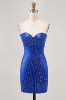 Load image into Gallery viewer, Sparkly Royal Blue Satin Tight Short Homecoming Dress with Beading
