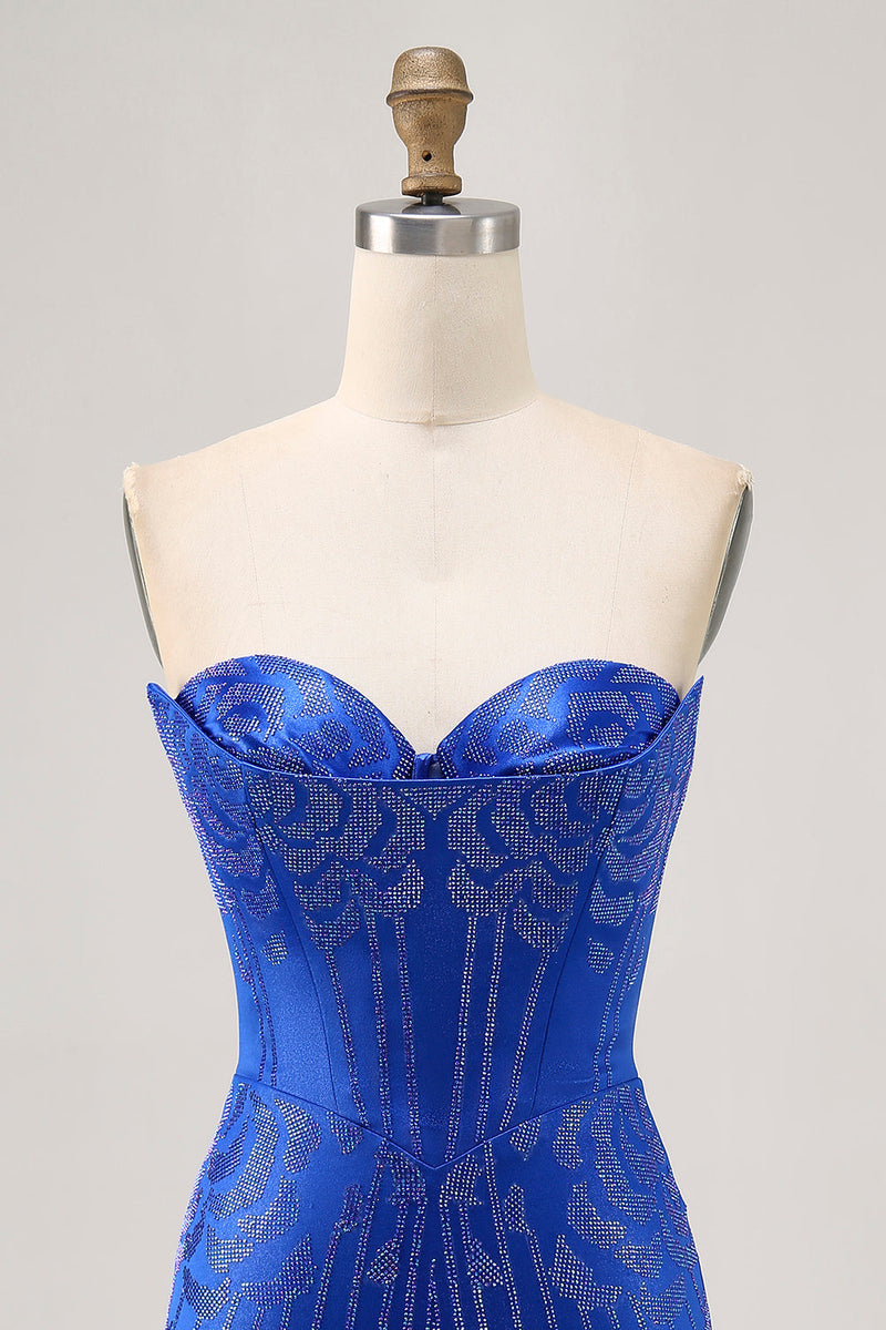 Load image into Gallery viewer, Sparkly Royal Blue Satin Tight Short Homecoming Dress with Beading
