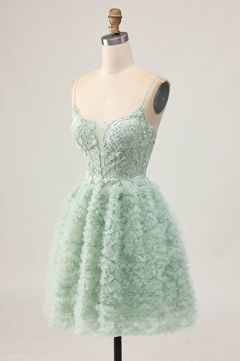 Load image into Gallery viewer, Sage Green Ruffled Corset Short Homecoming Dress with Lace