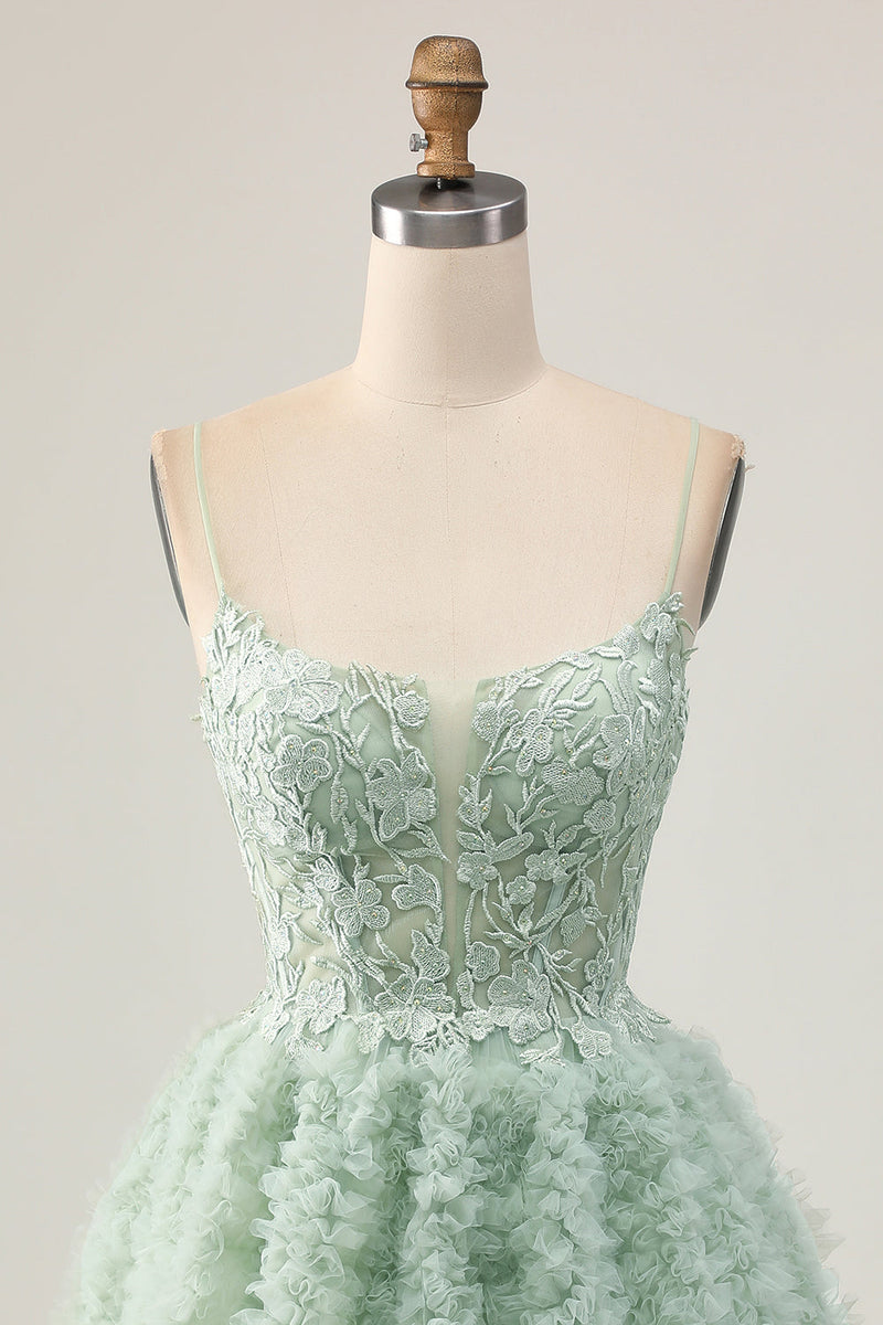 Load image into Gallery viewer, Sage Green Ruffled Corset Short Homecoming Dress with Lace