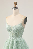 Load image into Gallery viewer, Sage Green Ruffled Corset Short Homecoming Dress with Lace