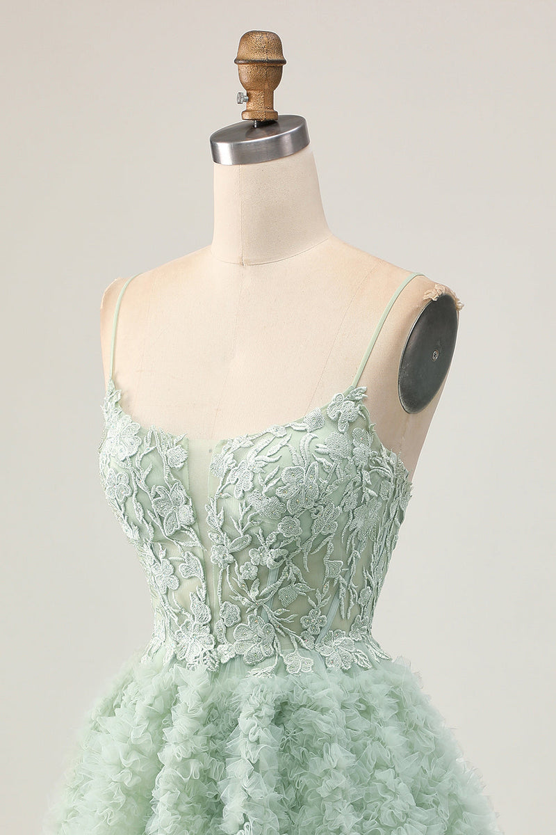 Load image into Gallery viewer, Sage Green Ruffled Corset Short Homecoming Dress with Lace