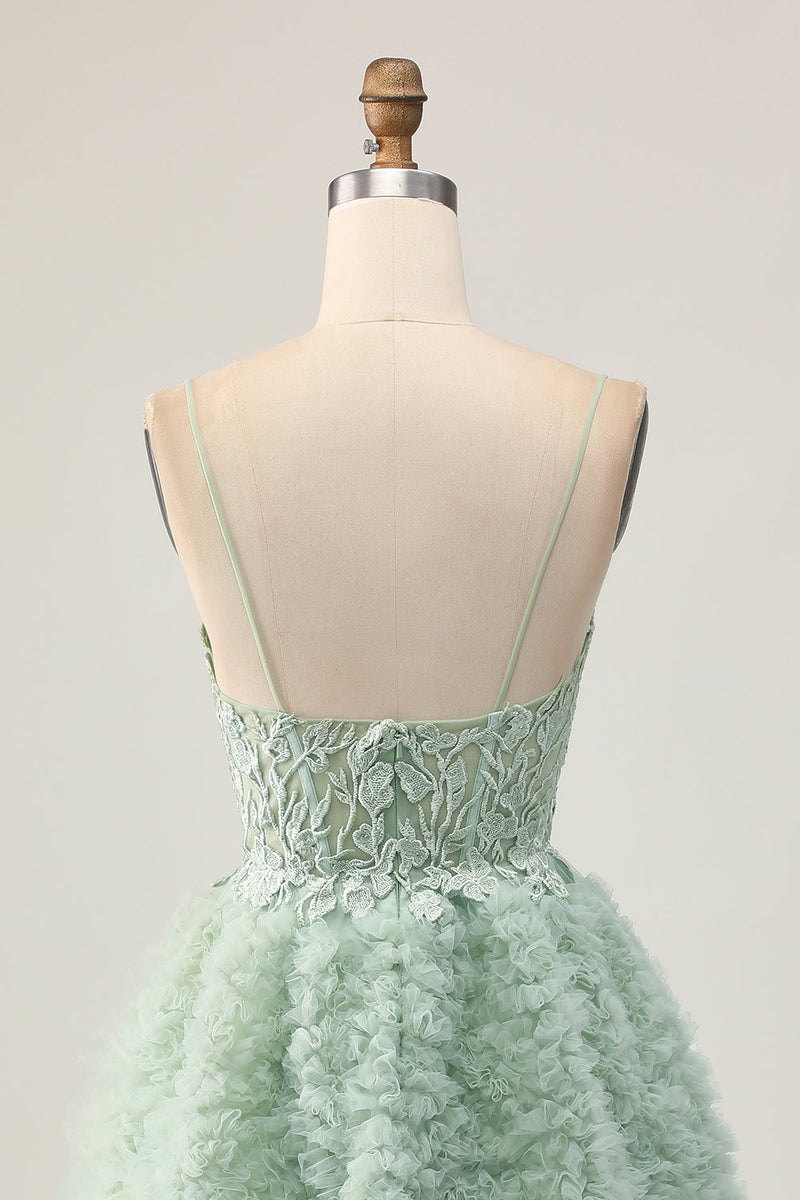 Load image into Gallery viewer, Sage Green Ruffled Corset Short Homecoming Dress with Lace