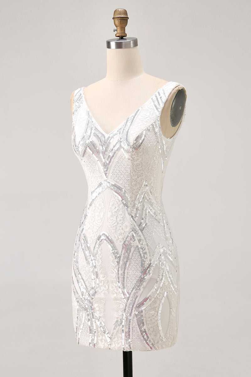 Load image into Gallery viewer, Sparkly White Tight V-Neck Short Homecoming Dress with Sequins
