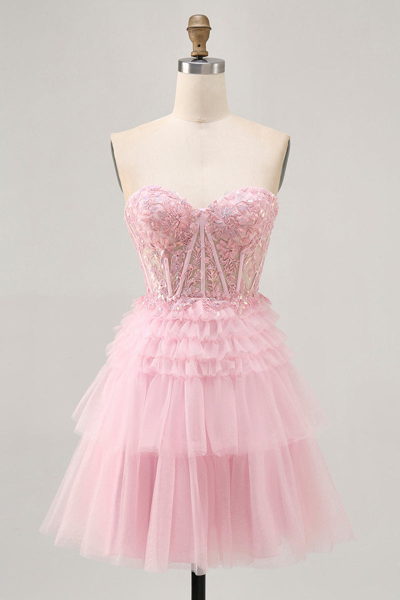 Load image into Gallery viewer, Sparkly Pink Tulle A Line Short Corset Homecoming Dress with Lace