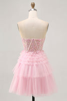 Load image into Gallery viewer, Sparkly Pink Tulle A Line Short Corset Homecoming Dress with Lace