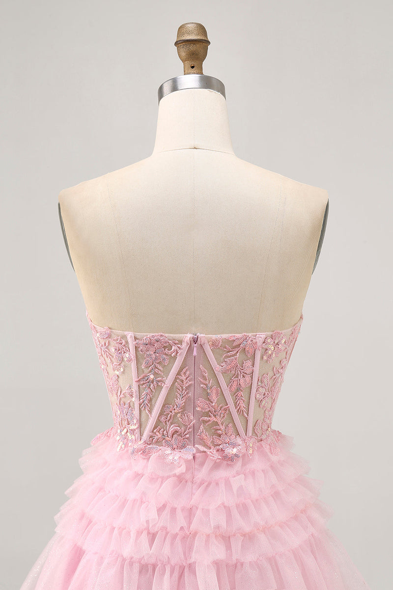 Load image into Gallery viewer, Sparkly Pink Tulle A Line Short Corset Homecoming Dress with Lace