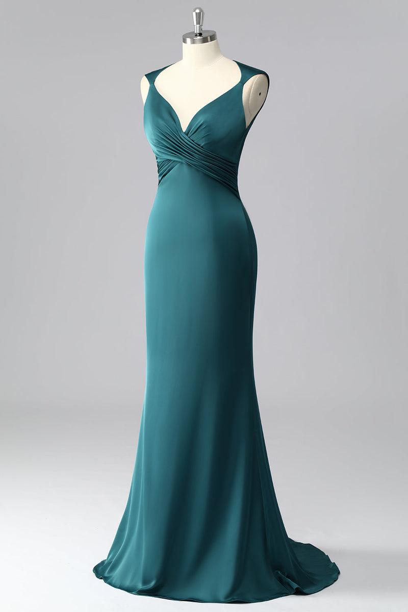 Load image into Gallery viewer, Peacock Blue Backless Satin V-Neck Ruched Mermaid Long Prom Dress