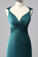 Load image into Gallery viewer, Peacock Blue Backless Satin V-Neck Ruched Mermaid Long Prom Dress