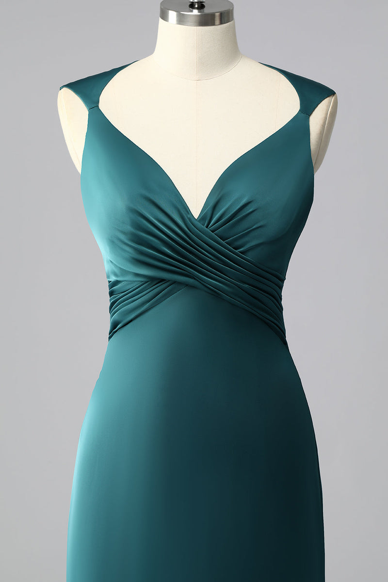 Load image into Gallery viewer, Peacock Blue Backless Satin V-Neck Ruched Mermaid Long Prom Dress