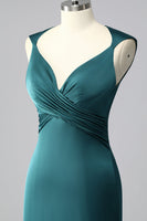 Load image into Gallery viewer, Peacock Blue Backless Satin V-Neck Ruched Mermaid Long Prom Dress