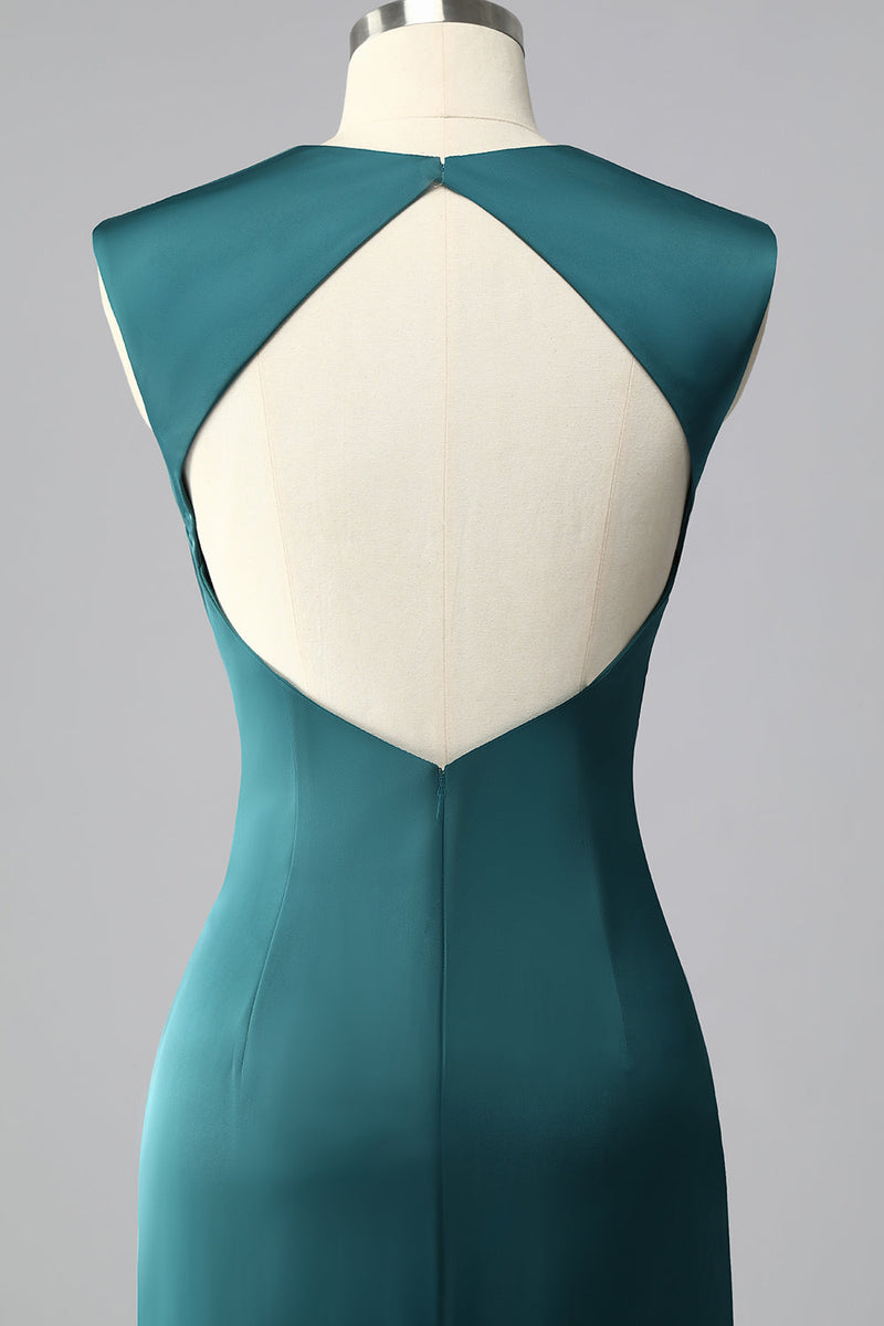 Load image into Gallery viewer, Peacock Blue Backless Satin V-Neck Ruched Mermaid Long Prom Dress