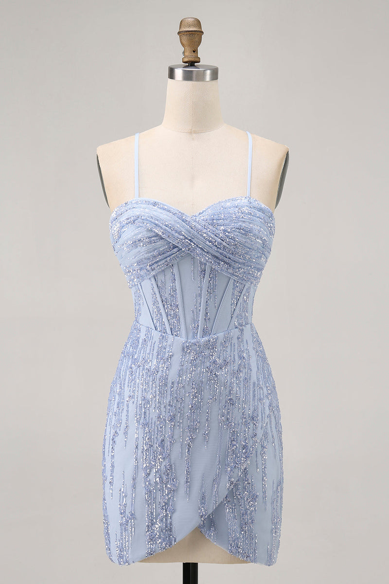 Load image into Gallery viewer, Sparkly Grey Blue Tight Short Corset Homecoming Dress with Sequins