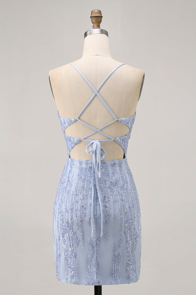 Load image into Gallery viewer, Sparkly Grey Blue Tight Short Corset Homecoming Dress with Sequins