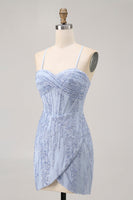 Load image into Gallery viewer, Sparkly Grey Blue Tight Short Corset Homecoming Dress with Sequins