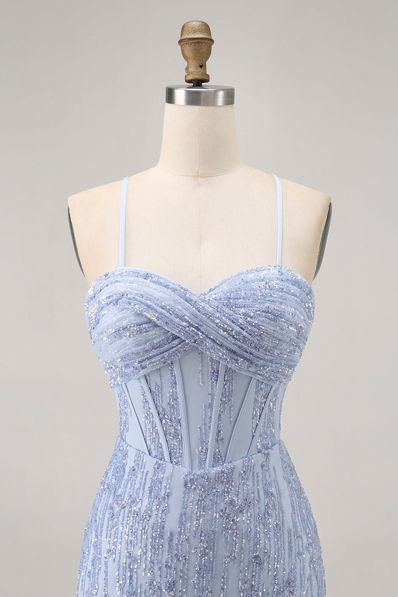 Load image into Gallery viewer, Sparkly Grey Blue Tight Short Corset Homecoming Dress with Sequins
