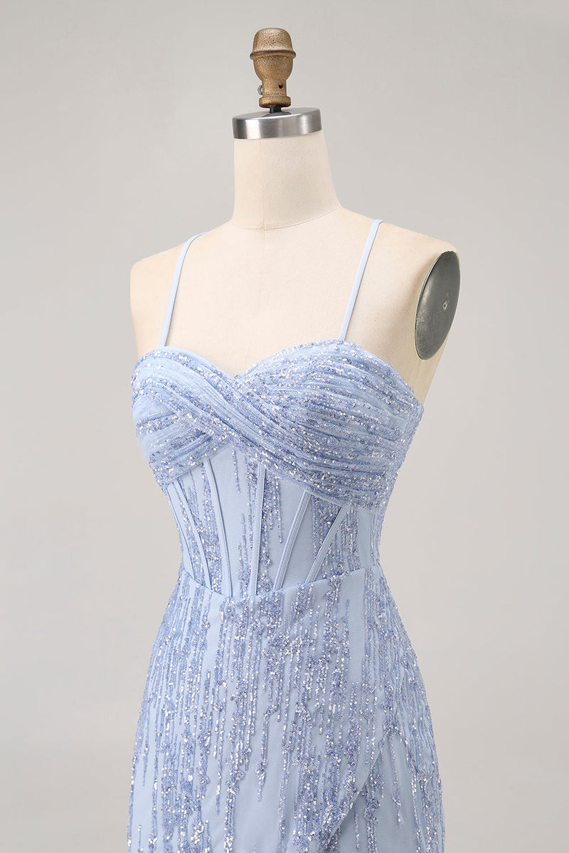 Load image into Gallery viewer, Sparkly Grey Blue Tight Short Corset Homecoming Dress with Sequins