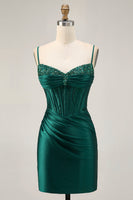 Load image into Gallery viewer, Sparkly Dark Green Satin Tight Short Corset Homecoming Dress with Beading