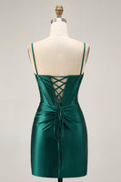 Load image into Gallery viewer, Sparkly Dark Green Satin Tight Short Corset Homecoming Dress with Beading