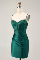 Load image into Gallery viewer, Sparkly Dark Green Satin Tight Short Corset Homecoming Dress with Beading