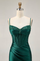 Load image into Gallery viewer, Sparkly Dark Green Satin Tight Short Corset Homecoming Dress with Beading