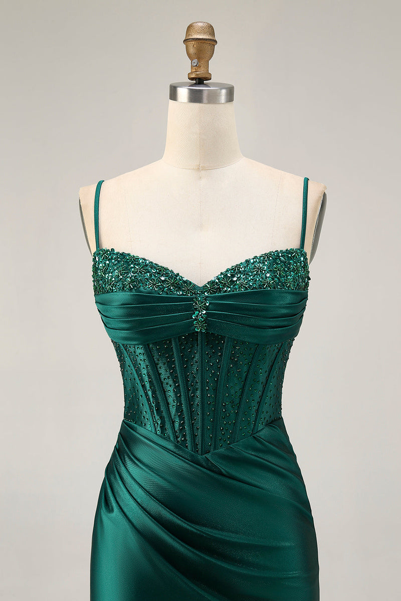 Load image into Gallery viewer, Sparkly Dark Green Satin Tight Short Corset Homecoming Dress with Beading