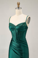 Load image into Gallery viewer, Sparkly Dark Green Satin Tight Short Corset Homecoming Dress with Beading
