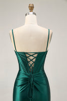 Load image into Gallery viewer, Sparkly Dark Green Satin Tight Short Corset Homecoming Dress with Beading