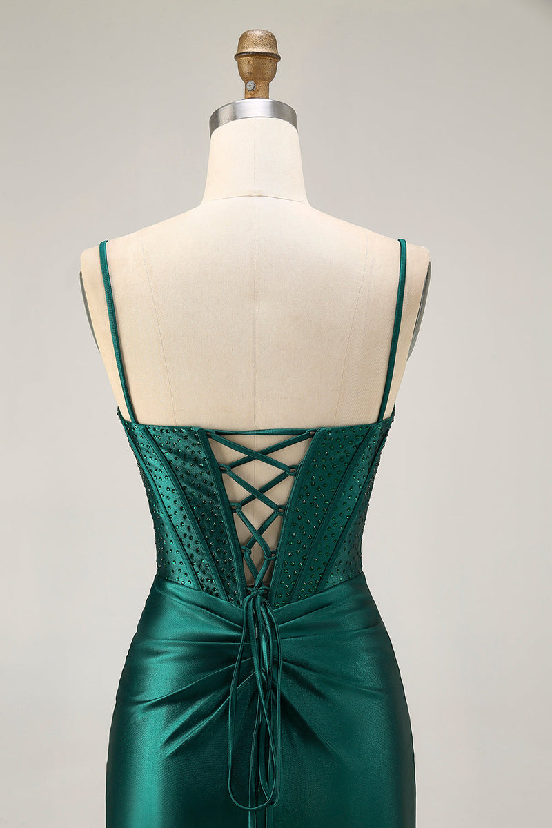 Load image into Gallery viewer, Sparkly Dark Green Satin Tight Short Corset Homecoming Dress with Beading