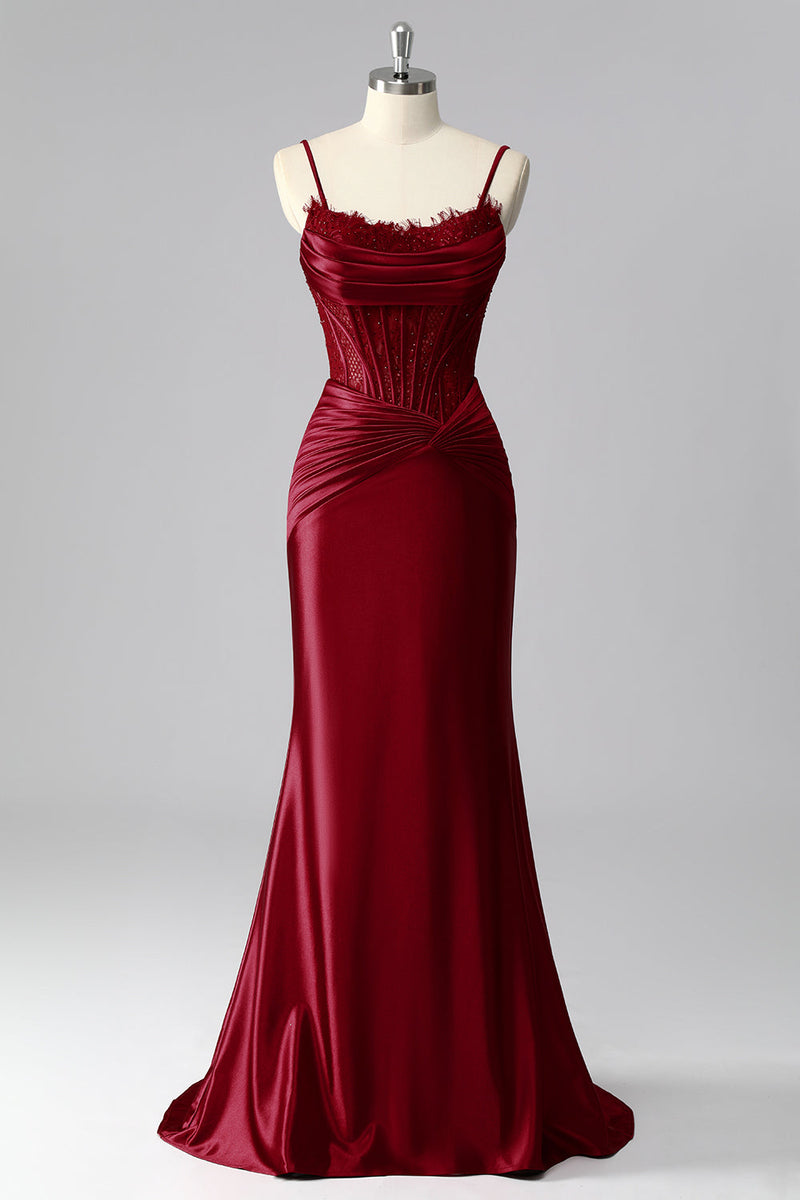 Load image into Gallery viewer, Burgundy Mermaid Satin Spaghetti Straps Long Corset Prom Dress with Lace