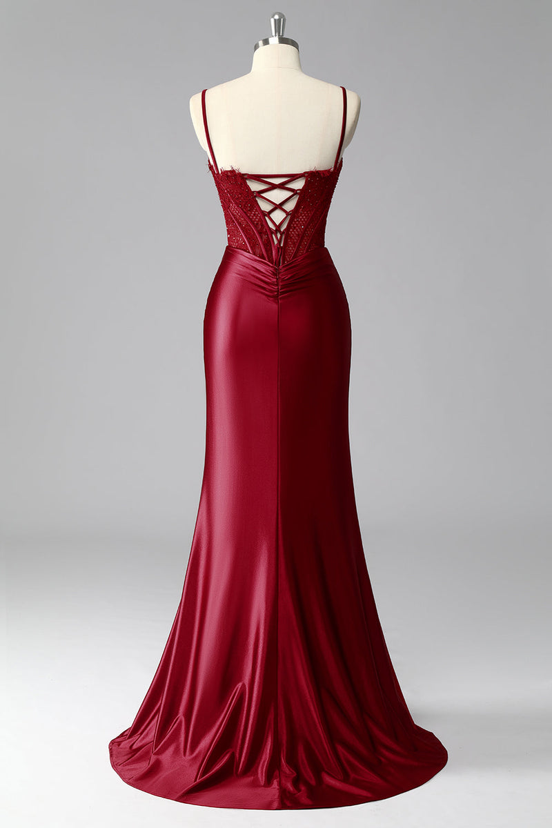 Load image into Gallery viewer, Burgundy Mermaid Satin Spaghetti Straps Long Corset Prom Dress with Lace