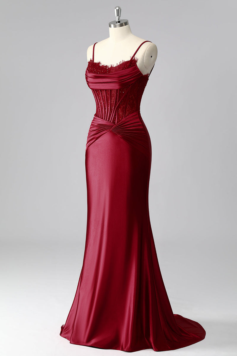 Load image into Gallery viewer, Burgundy Mermaid Satin Spaghetti Straps Long Corset Prom Dress with Lace