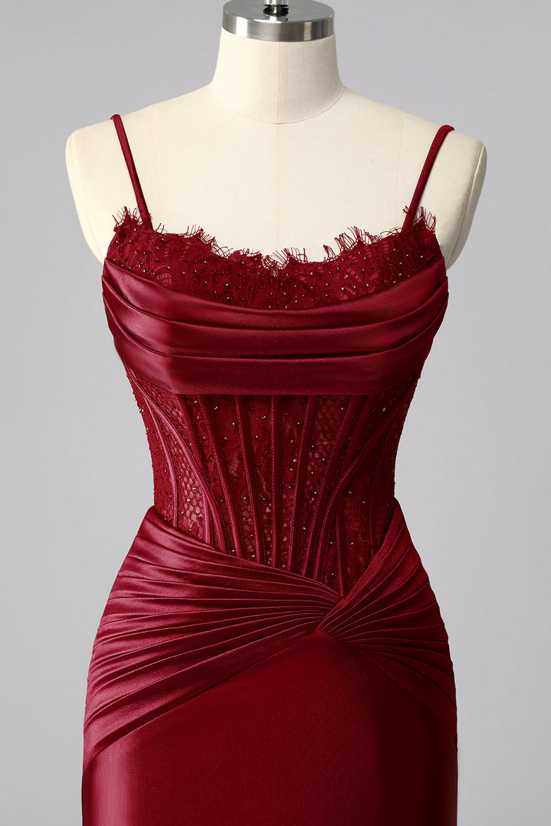 Load image into Gallery viewer, Burgundy Mermaid Satin Spaghetti Straps Long Corset Prom Dress with Lace