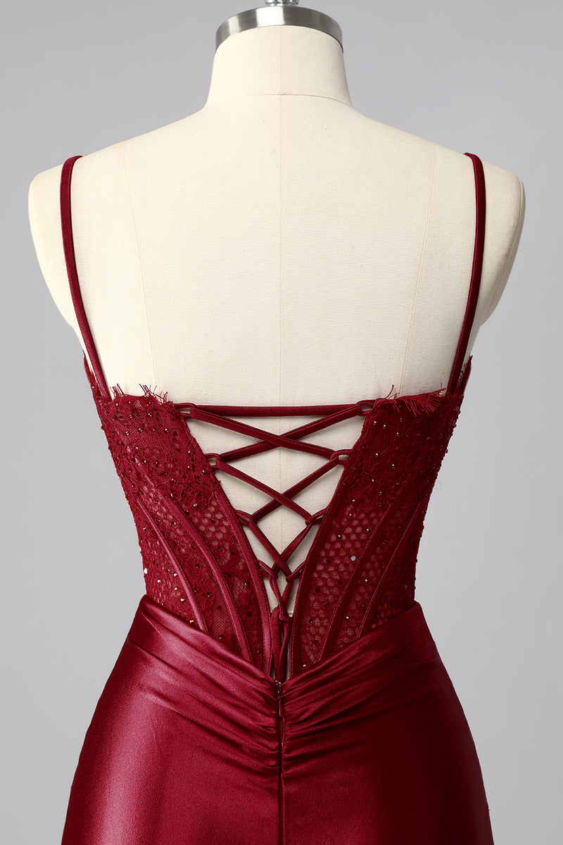 Load image into Gallery viewer, Burgundy Mermaid Satin Spaghetti Straps Long Corset Prom Dress with Lace