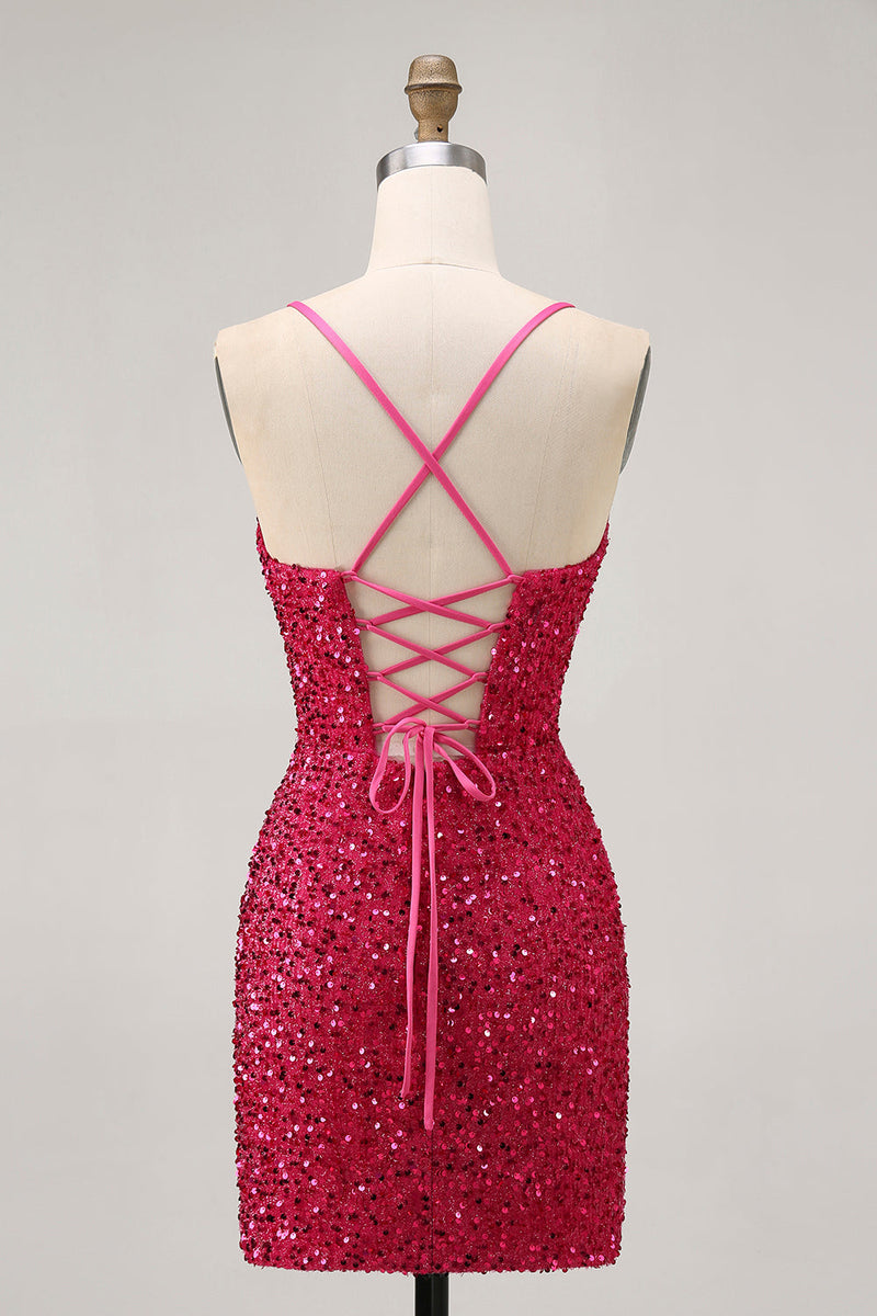 Load image into Gallery viewer, Sparkly Fuchsia Sequins Tight Spaghetti Straps Short Homecoming Dress