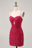Load image into Gallery viewer, Sparkly Fuchsia Sequins Tight Spaghetti Straps Short Homecoming Dress