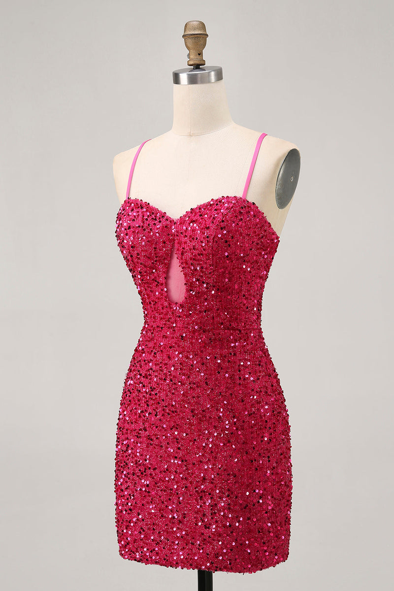 Load image into Gallery viewer, Sparkly Fuchsia Sequins Tight Spaghetti Straps Short Homecoming Dress