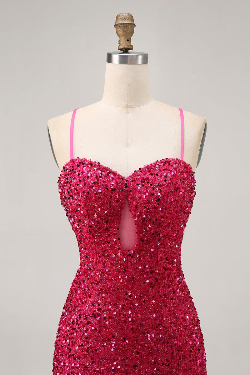 Load image into Gallery viewer, Sparkly Fuchsia Sequins Tight Spaghetti Straps Short Homecoming Dress