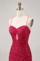 Load image into Gallery viewer, Sparkly Fuchsia Sequins Tight Spaghetti Straps Short Homecoming Dress