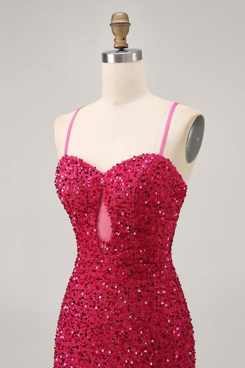 Load image into Gallery viewer, Sparkly Fuchsia Sequins Tight Spaghetti Straps Short Homecoming Dress