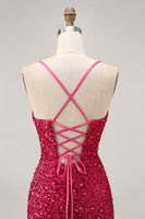 Load image into Gallery viewer, Sparkly Fuchsia Sequins Tight Spaghetti Straps Short Homecoming Dress